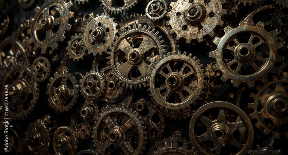 Poster a close up of many different sized gears and cogs with a metallic and slightly rusted appearance