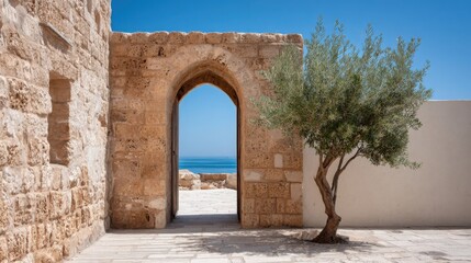 arched stone doorway in old Jaffa, soft warm stones, small olive tree in foreground, bright blue sky, ancient-modern contrast, highly detailed and commercial-friendly, empty space to left for text 