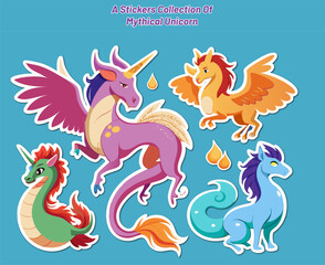 Colorful Collection of Mythical Creatures as Stickers with Unicorns and Dragons on a Blue Background