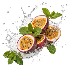 Fresh passion fruit halves with mint leaves and water splash isolated on transparent background