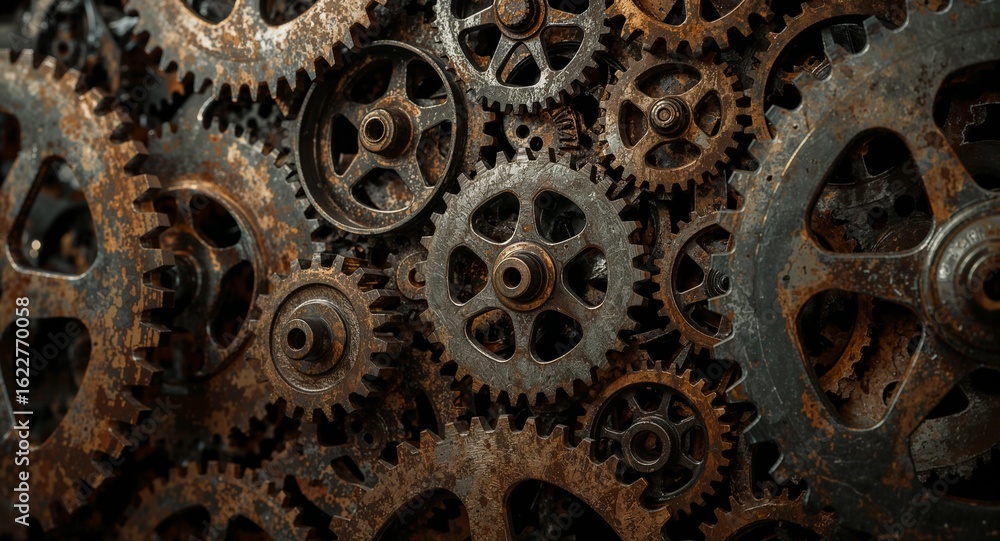 Poster a close up view of many rusty gears and cogs interlocked together in a complex mechanical arrangemen