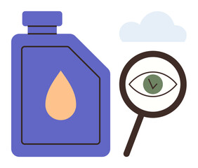 Liquid container with droplet icon, magnifying glass focusing on an eye, and a small cloud above. Ideal for quality control, inspection, analysis, research, product safety, sustainability simple