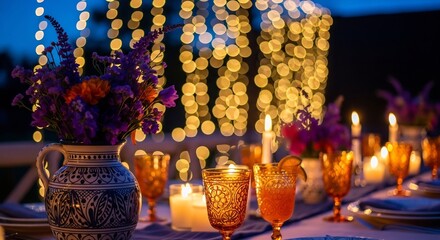 Dreamy backyard party concept with string lights, candles, and flowers. Perfect for summer celebration, outdoor dining, garden party invites and lifestyle concepts.