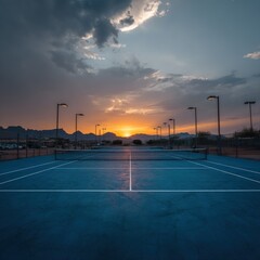 Tennis Court at Sunset with Mountain Backdrop