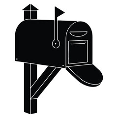 Silhouette of a classic rural mailbox with the flag raised indicating mail delivery available in black and white