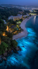 Top view of beautiful blue light of plankton around the island at night.