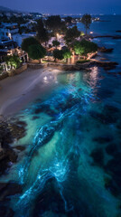 Drone shot , amazing of blue light plankton in the sea at night.