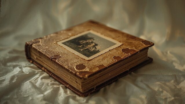 An old photo album with a picture on the cover sitting on a white wrinkled cloth surface in soft lighting