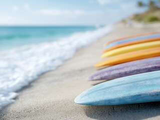 Colorful Surfboards Lined on Sandy Beach with Gentle Waves and Clear Blue Sky in Background