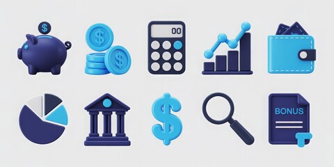 Set of 10 3D finance and money icons on a white background, ideal for financial websites, banking apps, and business presentations