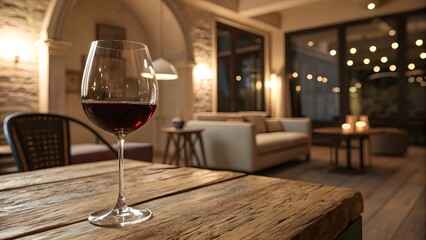 Elegant Glass of Red Wine on Rustic Wooden Table in Cozy Modern Living Room – Luxury Lifestyle Concept