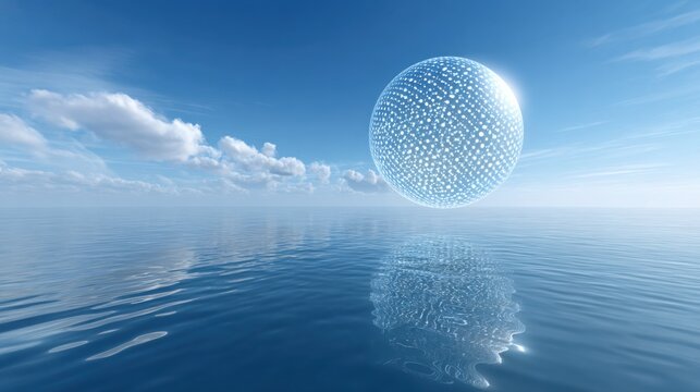 futuristic ocean scene, deep blue sea and sky, floating transparent digital sphere with glowing dots, perfect copy space in sky area, ultra HD, clean and minimal