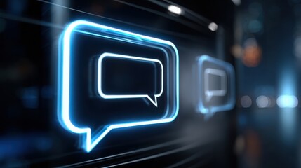 glowing chat bubble icon and typing animation on a monitor, dark tech background with subtle reflections, concept of online support or social messaging