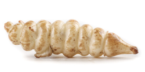 Fresh yucca root displayed prominently with its unique spiral shape and earthy tones showcasing...