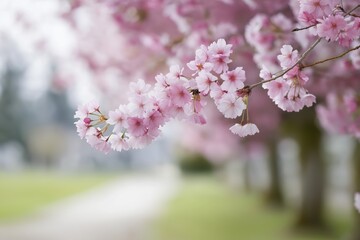 Delicate Pink Cherry Blossom Branches with Blurry Background in a Peaceful Garden Setting