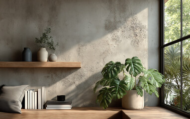 Modern minimalist interior with plants and books
