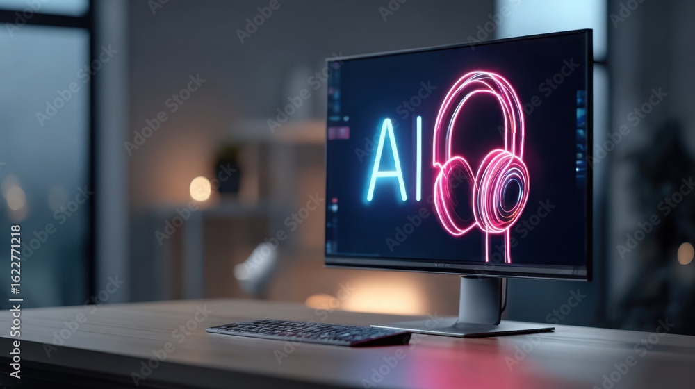 Poster glowing neon ai icon and futuristic headphone icon displayed on a sleek monitor screen, tech-themed 