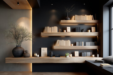 Modern minimalist home library with wooden shelves