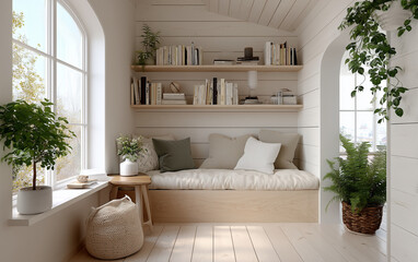 Cozy reading nook with built-in bench and shelves