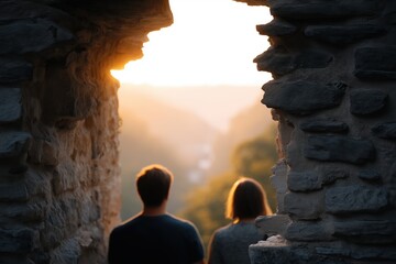 Couple Enjoying Sunset View Through Stone Arch at Scenic Overlook in Nature