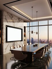  Modern conference room interior with large blank poster frame on wooden wall and panoramic city view windows in contemporary office setting. 3D Rendering 