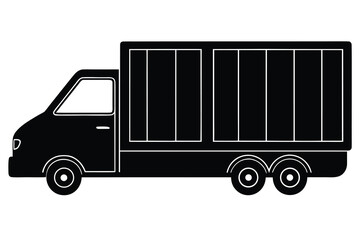 Black and White Illustration of a Delivery Truck with Boxy Storage Container