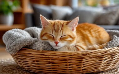 Orange kitten sleeping in a wicker basket