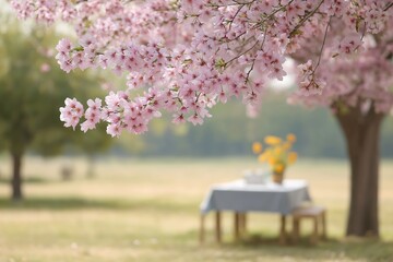 Tranquil Spring Picnic Under Cherry Blossom Tree with Soft Pastel Colors and Calm Nature Setting