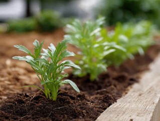 Fresh Cilantro Seedlings Growing in Organic Garden Bed with Healthy Green Foliage and Soil