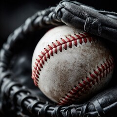 Worn Baseball in Black Leather Glove