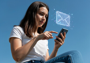 Young woman interacting with a floating digital message icon using her smartphone under blue sky background.