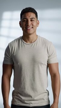 vibrant, optimistic young man in t-shirt and jeans uncrosses arms confidently, smiling against a soft light grey studio background with a slow dolly-in, bright high-key lighting. concept of
