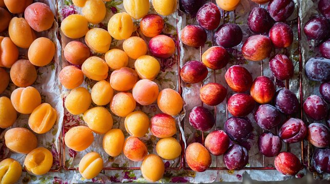 Vibrant top-down view of summer fruit drying on wire racks like apricots, cherries and plums with floral-patterned parchment paper - Powered by Adobe