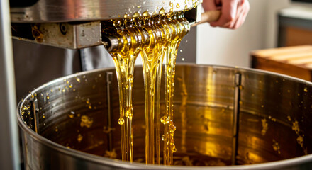 Honey extraction process with golden honey flowing into a container. Beekeeping and natural food production.