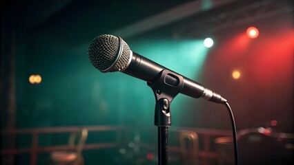 Close-Up Shot of Professional Microphone on Stage with Colorful Lighting – Live Performance and Music Concept