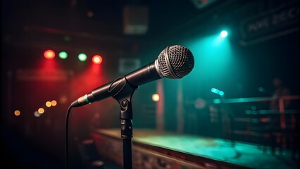 Close-Up Shot of Professional Microphone on Stage with Colorful Lighting – Live Performance and Music Concept