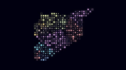 Syria dotted animation. Shape of the country build of pulsating colored dots. Large size square blocks. Digital style map on dark background. Creative video.