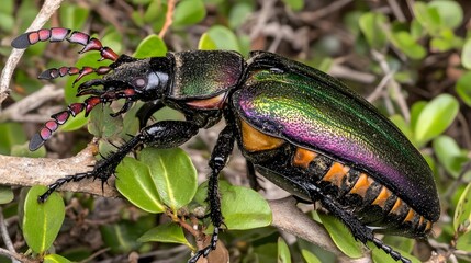 Naklejka premium Vibrant Green and Purple Jewel Scarab Beetle Closeup on Bush
