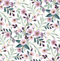  Summer Flowers in Cool and Fresh Colors. Vector illustration of a seamless pattern 				
