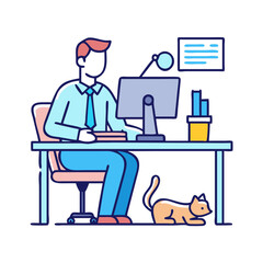 Man Working At Desk With A Computer And Cat In Home
