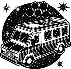Space van illustration with stars and hexagonal solar panels in monochrome retro style