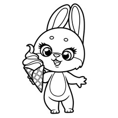 Cute cartoon rabbit  with ice cream in a waffle cone outlined for coloring page on white background