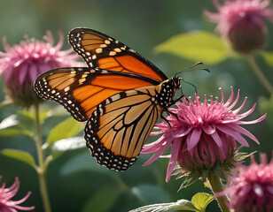 Obraz premium Monarch Butterfly on a Pink Coneflower in a Sunlit Garden