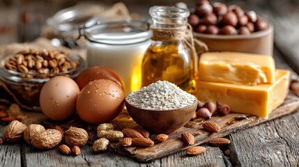 Common Food Allergens on Rustic Wooden Table