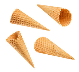 waffle cones on white background, close-up