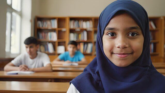 Confident Muslim Girl in Hijab Smiling in Library Classroom Setting with Blurred Students in Background &ndash; Education and Diversity Concept