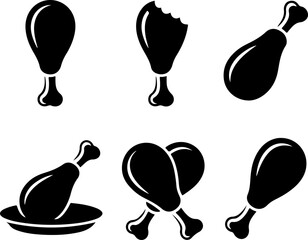 6 unique black silhouette vector illustrations of chicken drumsticks in different styles and angles 