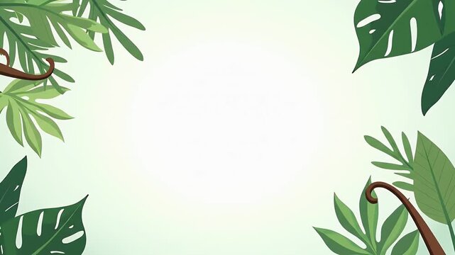 Top-down leafy illustration with pink and purple accent leaves among green branches, light white space in center.