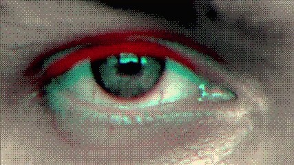 Looped animation of a human eye blinking with visible RGB shift, pixel dithering, and halftone effect. Digital retro aesthetics, stylized as distorted screen or glitch footage. - Powered by Adobe