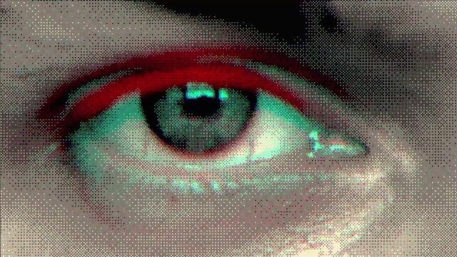 Looped animation of a human eye blinking with visible RGB shift, pixel dithering, and halftone effect. Digital retro aesthetics, stylized as distorted screen or glitch footage.